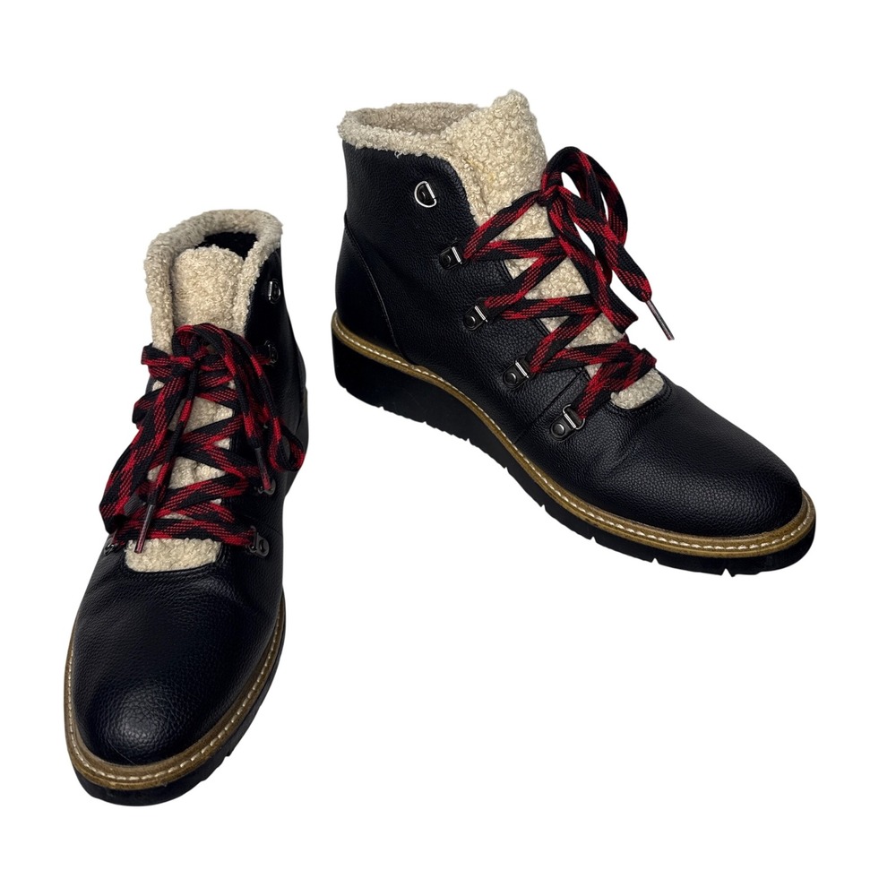 Dr. Scholls So Cozy Boots Womens 8 Black Faux Leather Shearling Hiking Laced Up